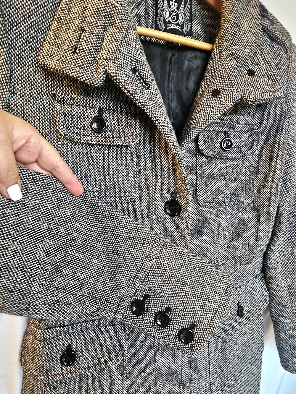Esprit Womens Gray Tweed Pea Coat
